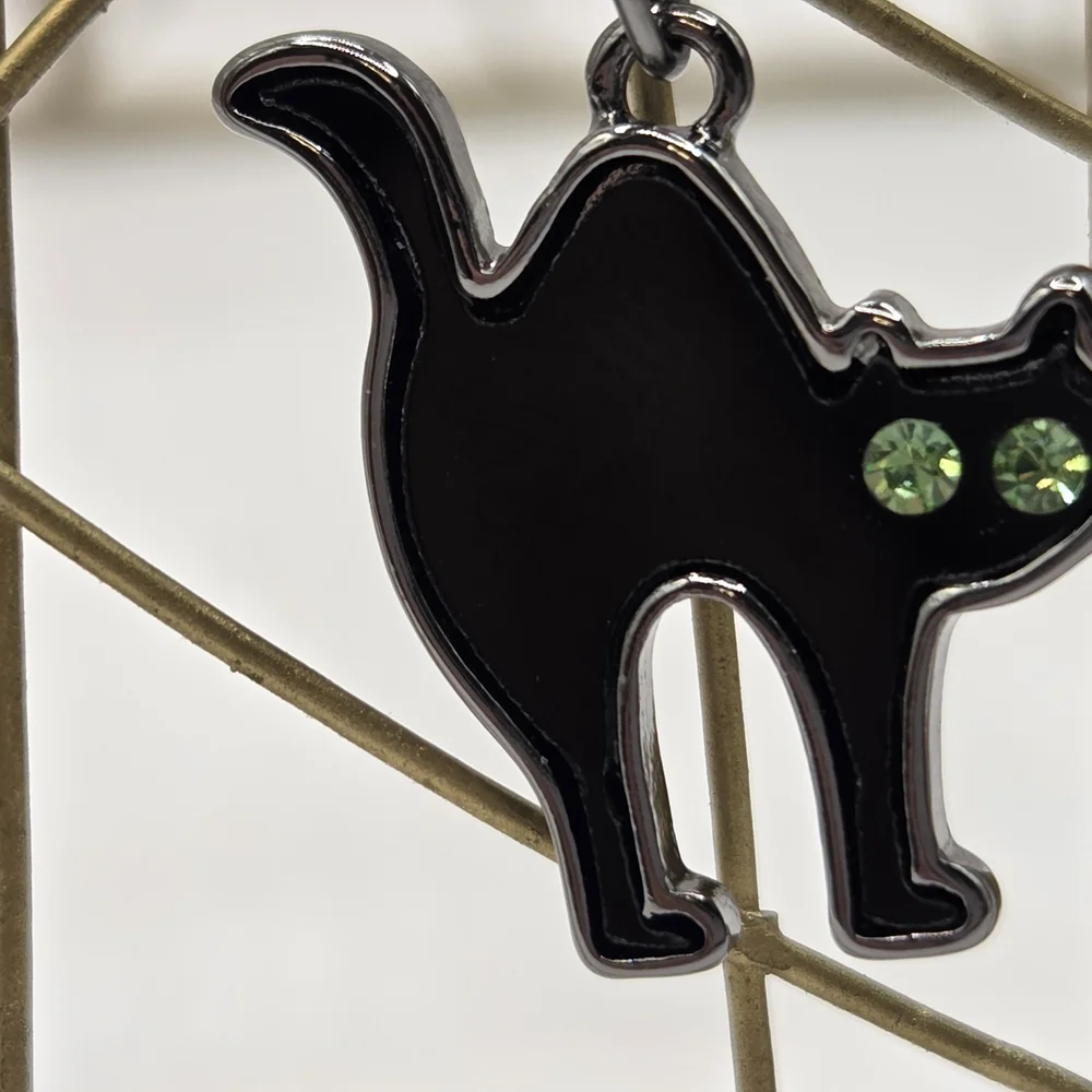 Halloween Black Cat Earrings with Green Glass Eyes Dangling Drop
